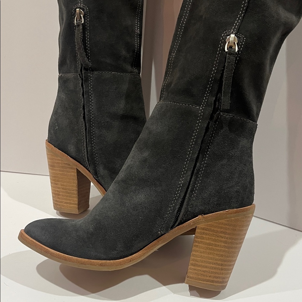 Dark Gray Suede Knee-High Boots - Picture 3 of 14